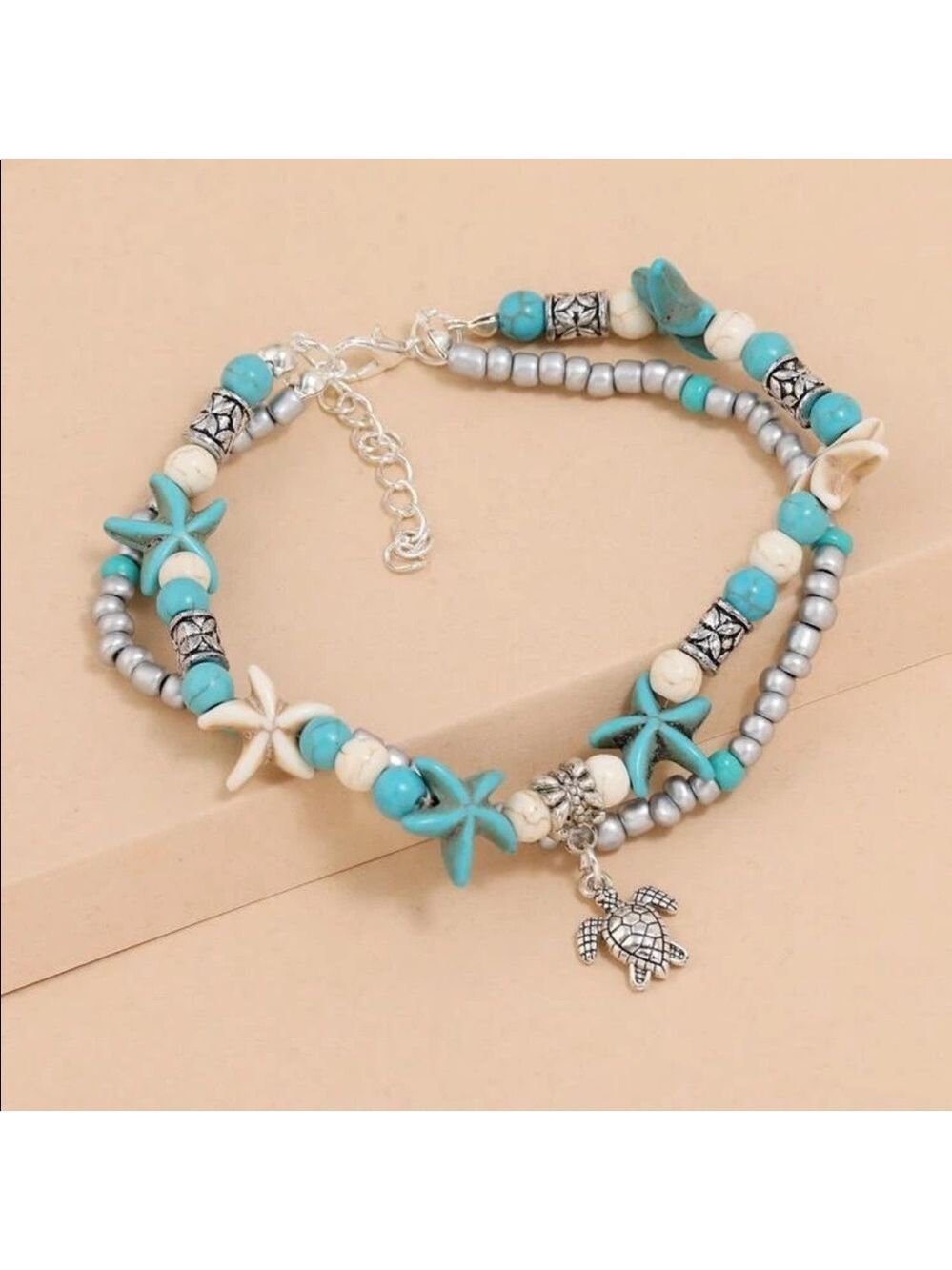 Boho beach turtle beaded anklet